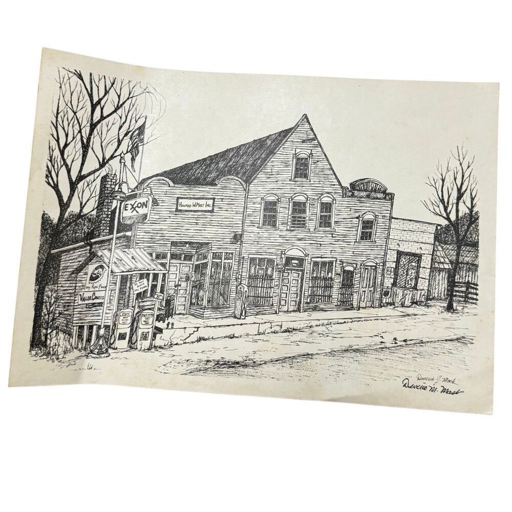 Vintage Art Drawing Print Valle Crucis NC Mast Store by Deverie J Mock SIGNED